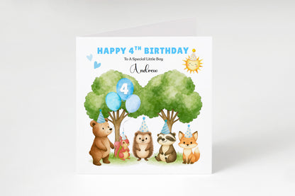 Personalised 4 Years Old 4th Birthday Card for Boys– Forest Animal Design with Custom Name & Message - Age 4 Woodland Birthday Card for Kids, Children, Son, Grandson Nephew with Blue Envelope