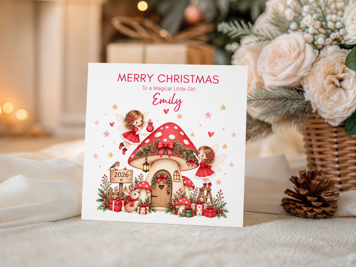Personalised Red Magical Fairy Christmas Card for Girls
