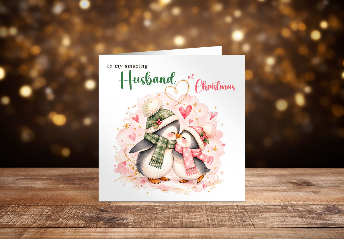 Merry Christmas Card for Husband  – Cute Penguin Couple Christmas Card