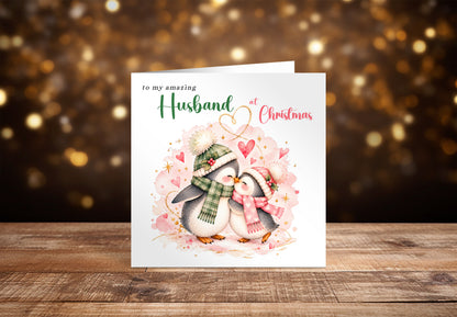 Merry Christmas Card for Husband  – Cute Penguin Couple Christmas Card