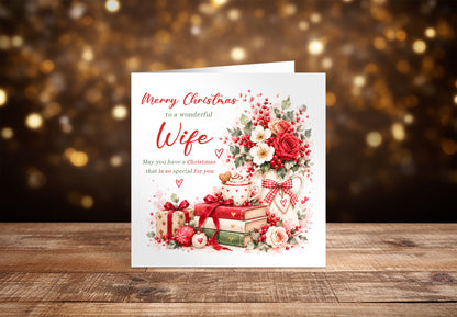 Christmas Card for Wife – Romantic Red Roses & Festive Floral Design