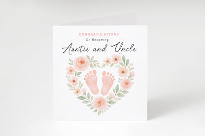 Personalised New Baby Girl Card – Congratulations On Becoming Mum, Dad, Brother, Sister or Grandparents – Custom Recipient Names Card for New Role – Pink Floral Baby Feet design with Pink Envelope