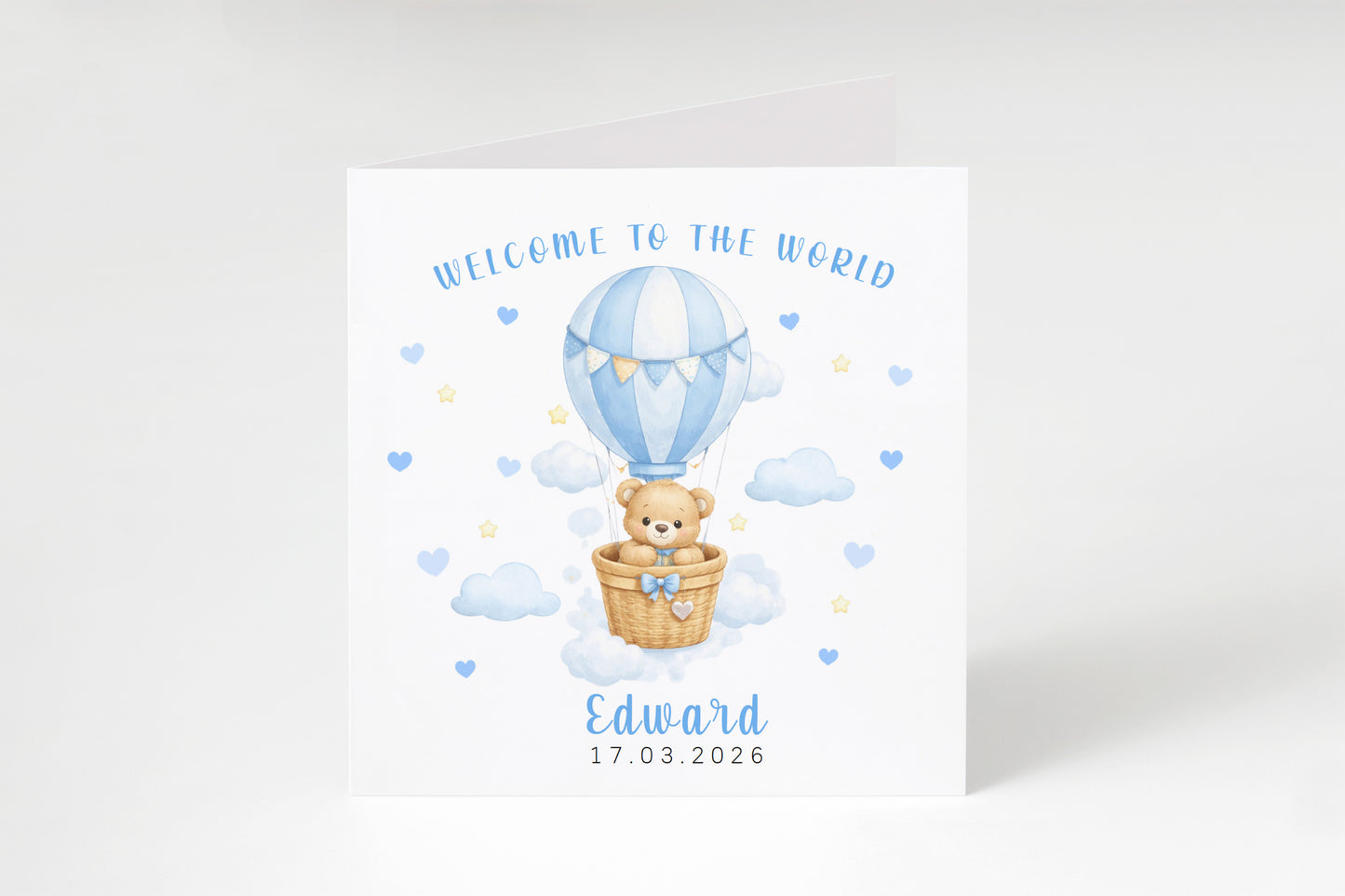 Personalised New Baby Boy Card Congratulations for Newborn Son, Grandson, Nephew, Welcome To The World Card - Teddy Bear with Hot Air Balloon Design with Custom Name and Date - Blue Envelope Included