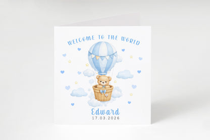 Personalised New Baby Boy Card Congratulations for Newborn Son, Grandson, Nephew, Welcome To The World Card - Teddy Bear with Hot Air Balloon Design with Custom Name and Date - Blue Envelope Included