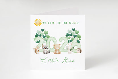 2026 New Baby Boy Card Congratulations for Newborn Boy, Son, Grandson, Nephew, Little One - Welcome To The World, Baby Shower Card - Cute Woodland Animal Design- Brown Kraft Envelope Includednd Date with Kraft Envelope (Copy)