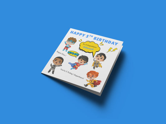 Personalised Superhero 5th Birthday Card for Boys – Superheros Design with Custom Name for Age 5 Years Old, Fifth Birthday Kids, Little Birthday Hero, Son, Grandson, Nephew –  Blue Envelope Included