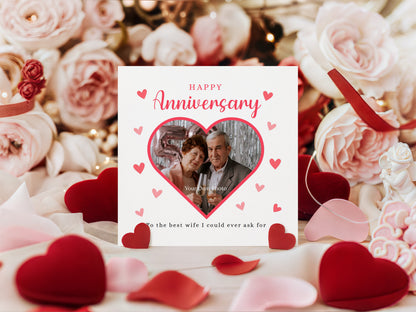 Personalised Photo Anniversary Card - Heart-shaped Photo Frame Design - Custom Message & Photo for Wedding, Dating, Relationship Milestone, Wife, Husband, Partner, Couple - Red Envelope Included