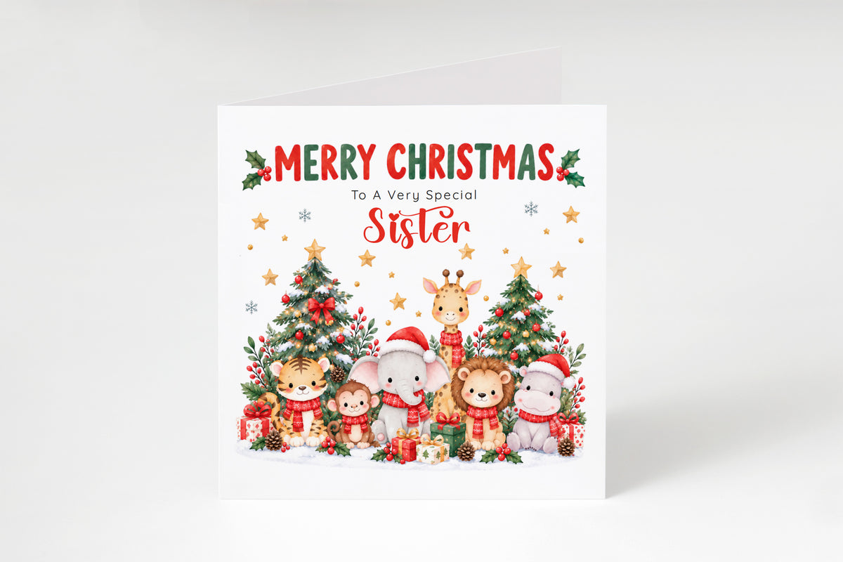 Jungle Animals Christmas Card for Sister - Cute Safari Animals Design
