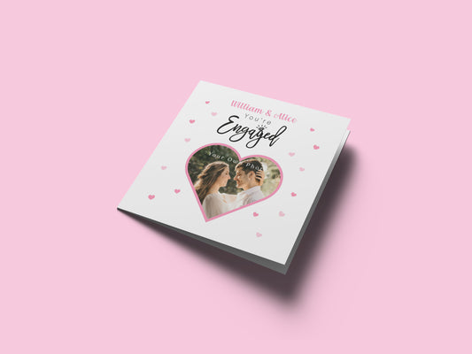 Personalised Photo Engagement Card – Custom Photo & Couple's Names - Heart Photo Frame Design - Congratulations Engagement Card for Newly Engaged Couples - Pink Envelope Included
