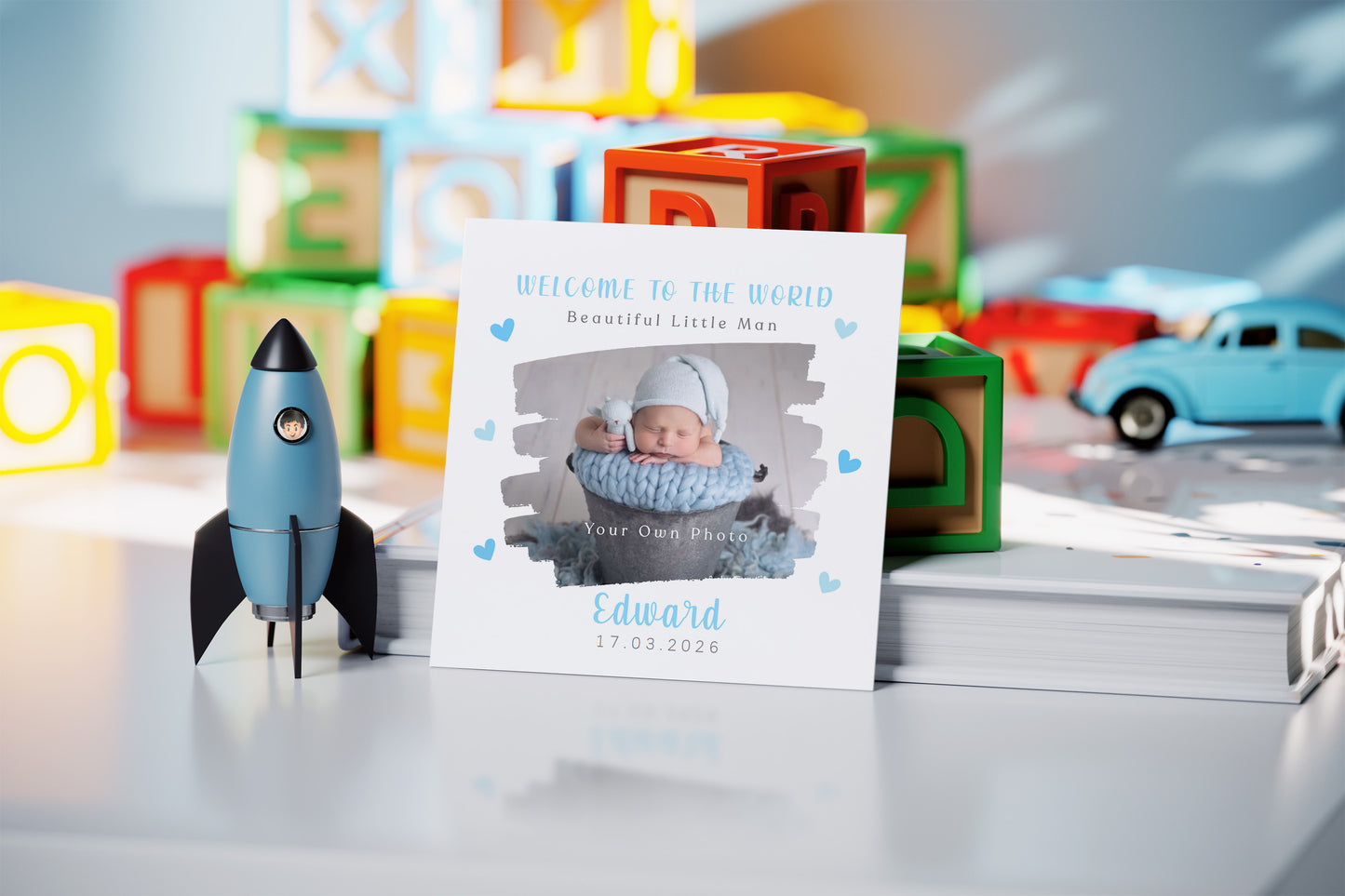 Personalised Photo New Baby Boy Card Congratulations for Newborn Boy, Welcome To The World Card for Son, Grandson, Nephew, Brush Stroke Photo Frame Design with Custom Name & Date with Blue Envelope