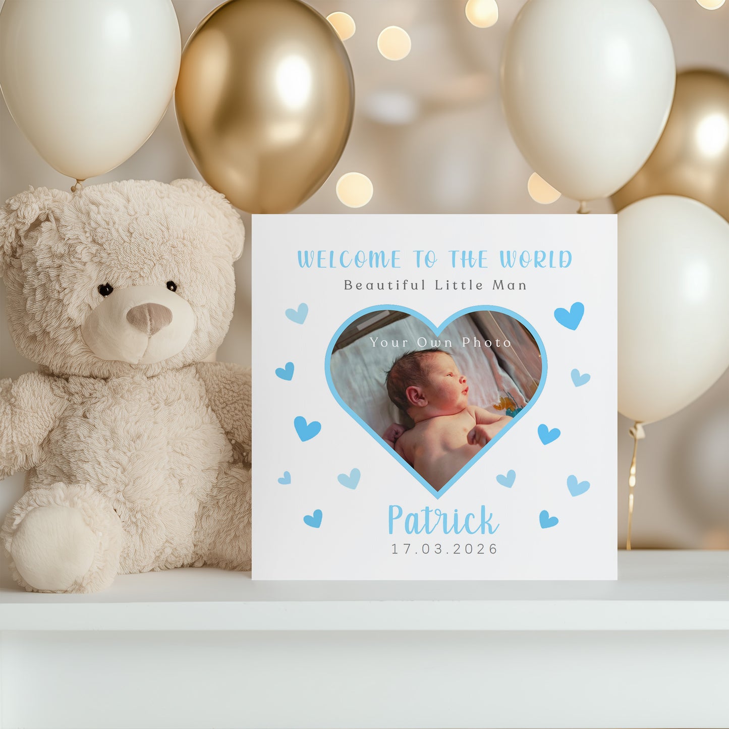 Personalised Photo New Baby Boy Card Congratulations for Newborn Boy, Welcome To The World Card, Baby Shower for Son, Grandson, Nephew, Heart Design with Custom Name, Date and Photo with Blue Envelope