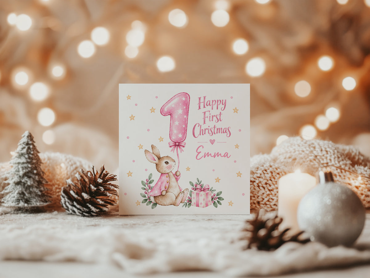 Personalised Baby Girl's First Christmas Card – Pink Cute Bunny Design