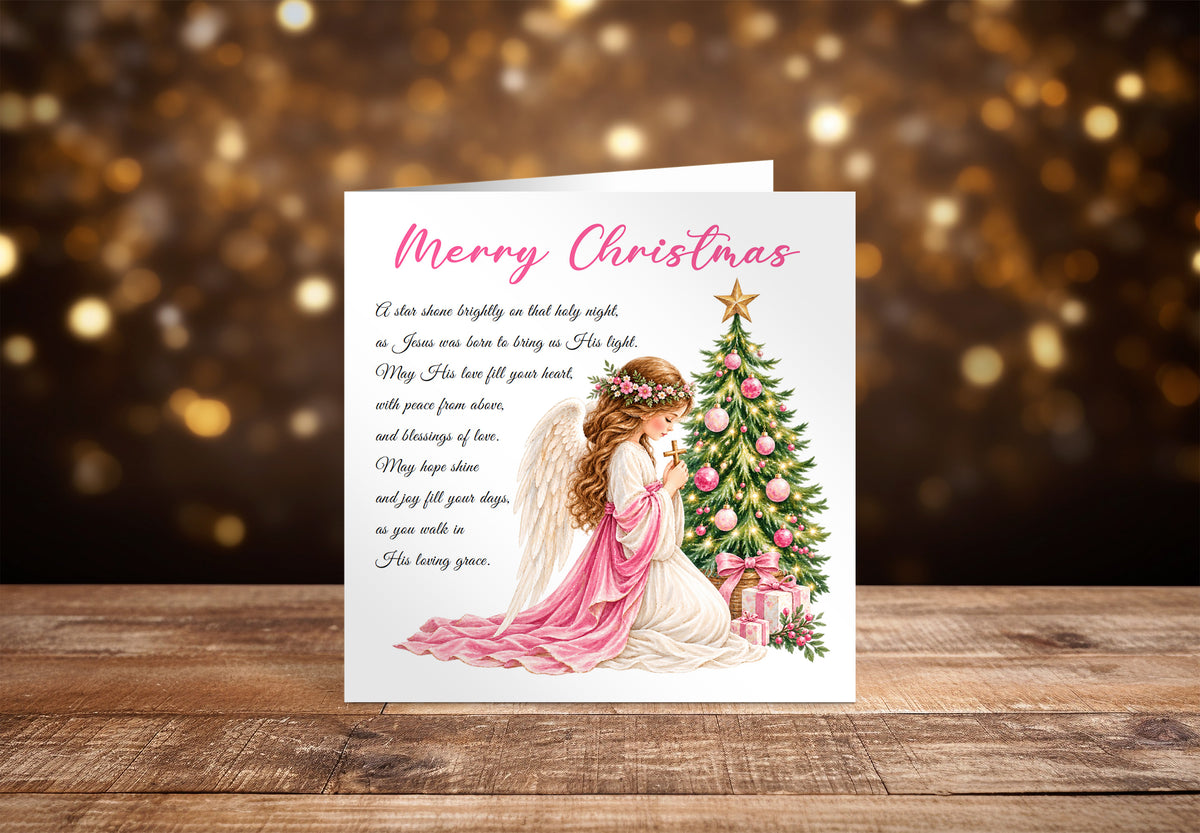 Angel & Christmas Tree Christian Christmas Card – Pink Watercolour Design