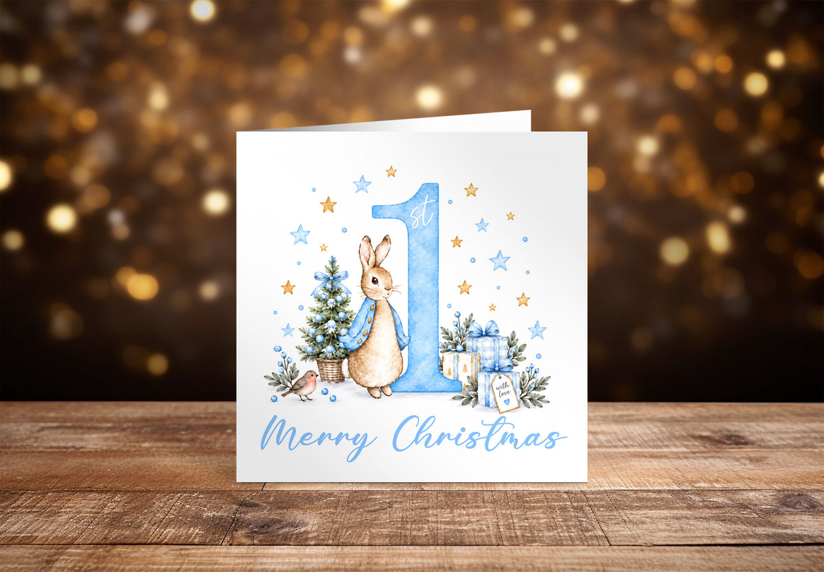 Merry Christmas Card for Baby Boys – Cute Blue Rabbit and Number 1