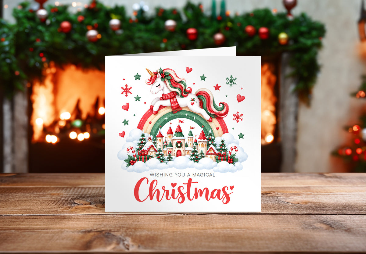 Merry Christmas Card for Girls – Beautiful Magical Unicorn and Xmas Castle