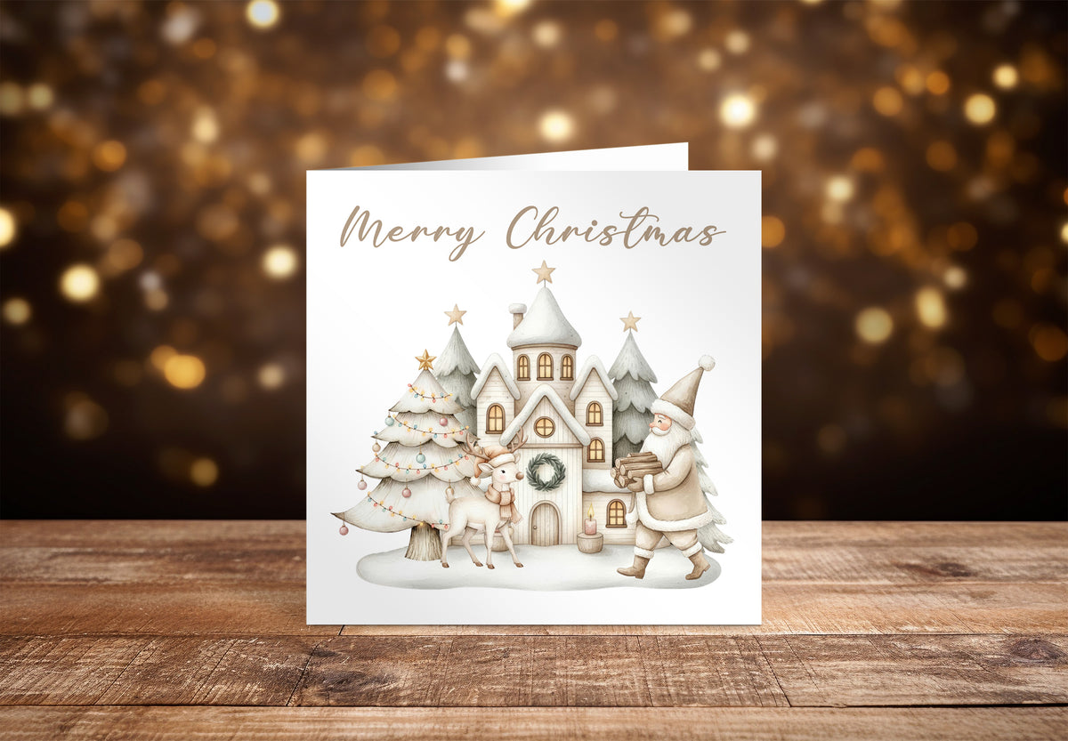 Beige Christmas Card for Him or for Her – Santa & Reindeer