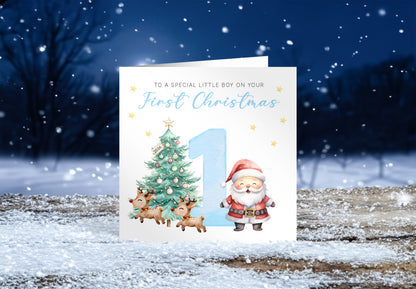 Happy 1st Christmas Card for Baby Boy – Cute Santa, Reindeer and  Christmas Tree Design - Watercolor First Xmas Card for Son, Grandson, Nephew - Blue  Envelope Included