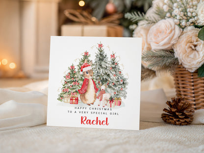 Personalised Christmas Card for Girls – Red Rabbit and Christmas Trees