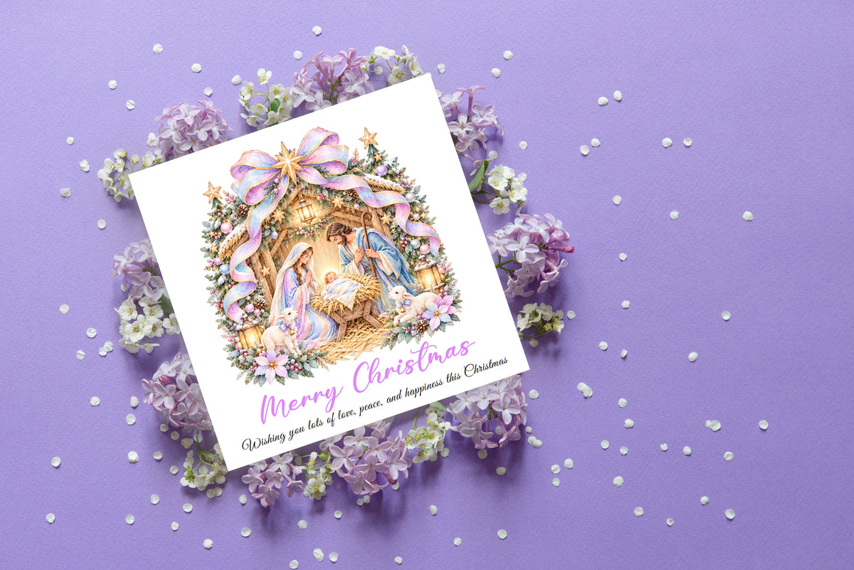 Pastel Nativity Christmas Card – Lilac & Pink Baby Jesus Greeting