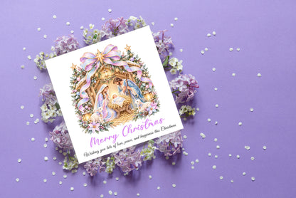 Pastel Nativity Christmas Card – Lilac & Pink Baby Jesus Greeting