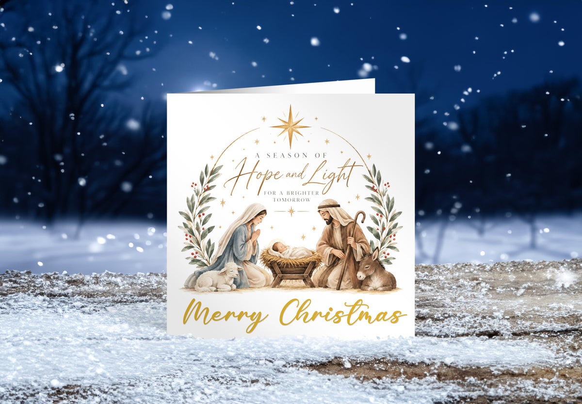Nativity Christmas Card - Mary, Joseph, Baby Jesus and Twinkling Stars Design - Elegant Religious Christmas Greeting Card