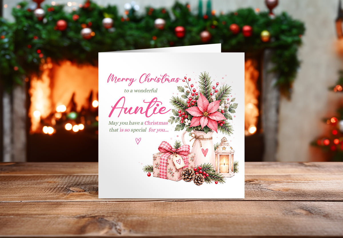 Christmas Card for Auntie – Pink Poinsettia & Festive Floral Design
