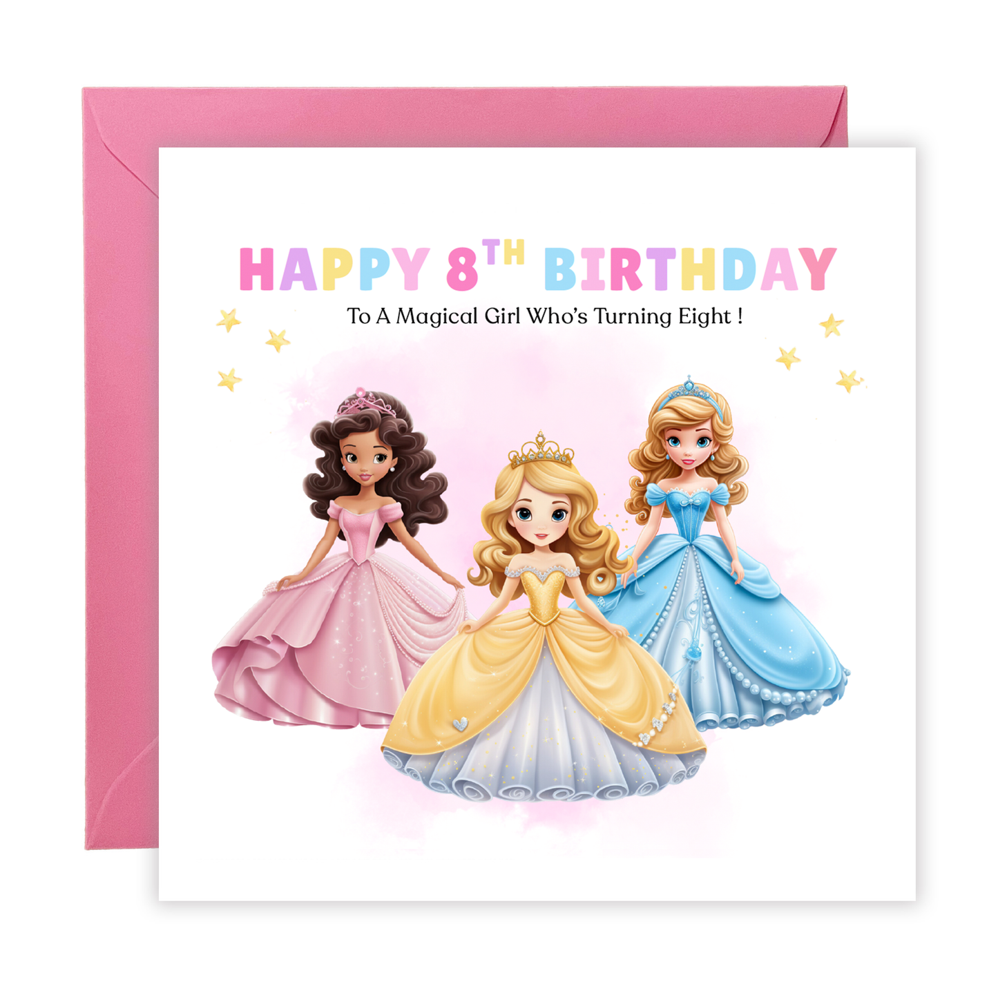 Beautiful Princess Birthday Card for Girls Ages 2, 3, 4, 5, 6, 7, 8-2nd, 3rd, 4th, 5th, 6th, 7th, 8th Birthday for Little Princess, Daughter, Granddaughter, Niece - Pink Envelope Included