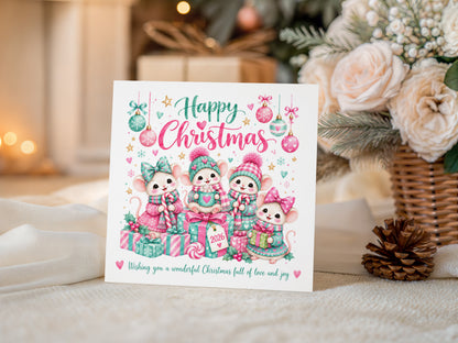 Cute Christmas Card for Girls – Christmas Mice with Pink & Mint Festive Design