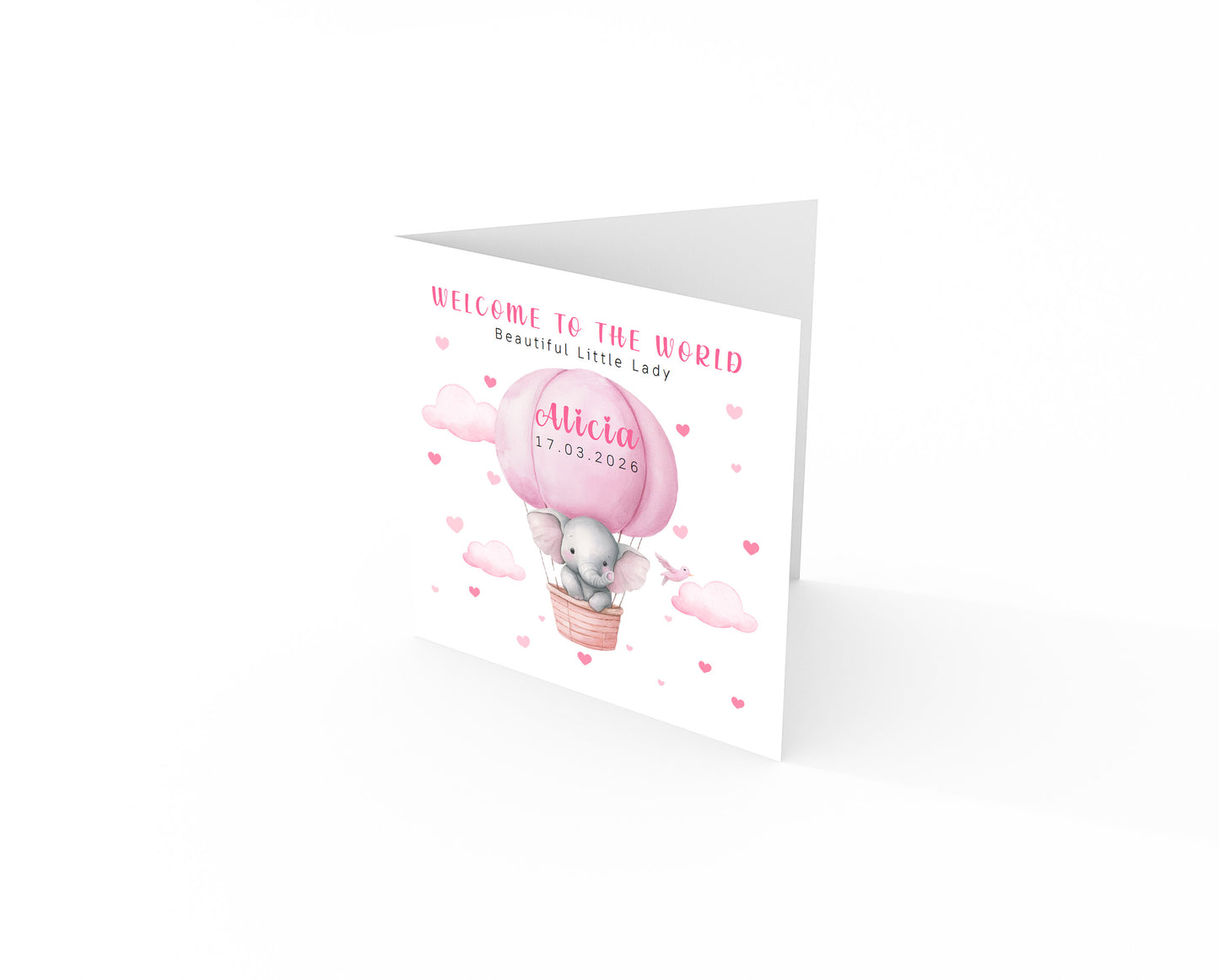 Personalised New Baby Girl Card Congratulations for Newborn Daughter, Granddaughter, Niece - Welcome To The World Card with Elephant and Hot Air Balloon Design - Custom Name & Date with Pink Envelope