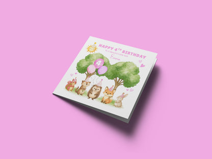 Personalised 4 Years Old 4th Birthday Card for Toddler Girls – Forest Animal Design with Custom Name & Message - Age 4 Woodland Birthday Card for Kids Daughter Granddaughter Niece with Pink Envelope