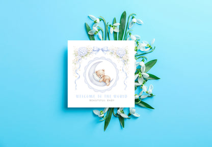 New Baby Boy Card Congratulations for Newborn Son, Grandson, Nephew, Little One, Welcome To The World, Baby Shower Card - Cute Teddy Bear on a Moon Design  - Blue Envelope Included