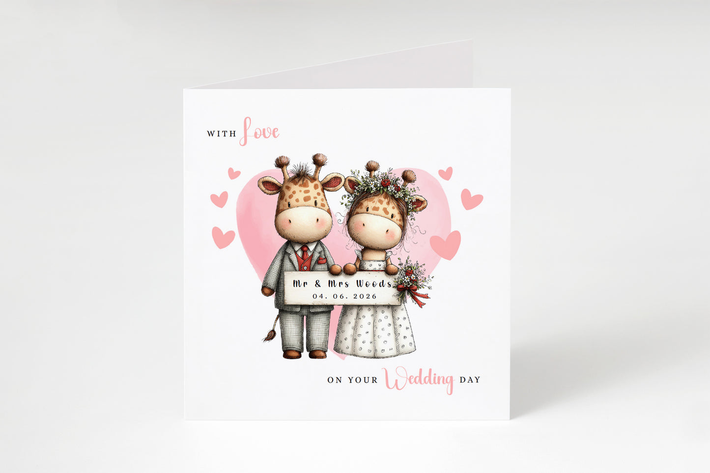 Personalised Wedding Card with Custom Couple's Names & Wedding Date – Cute Giraffe Design - Wedding Congratulations Card for Newlywed couples, Animal Lovers, Him or Her - Pink Envelope Included