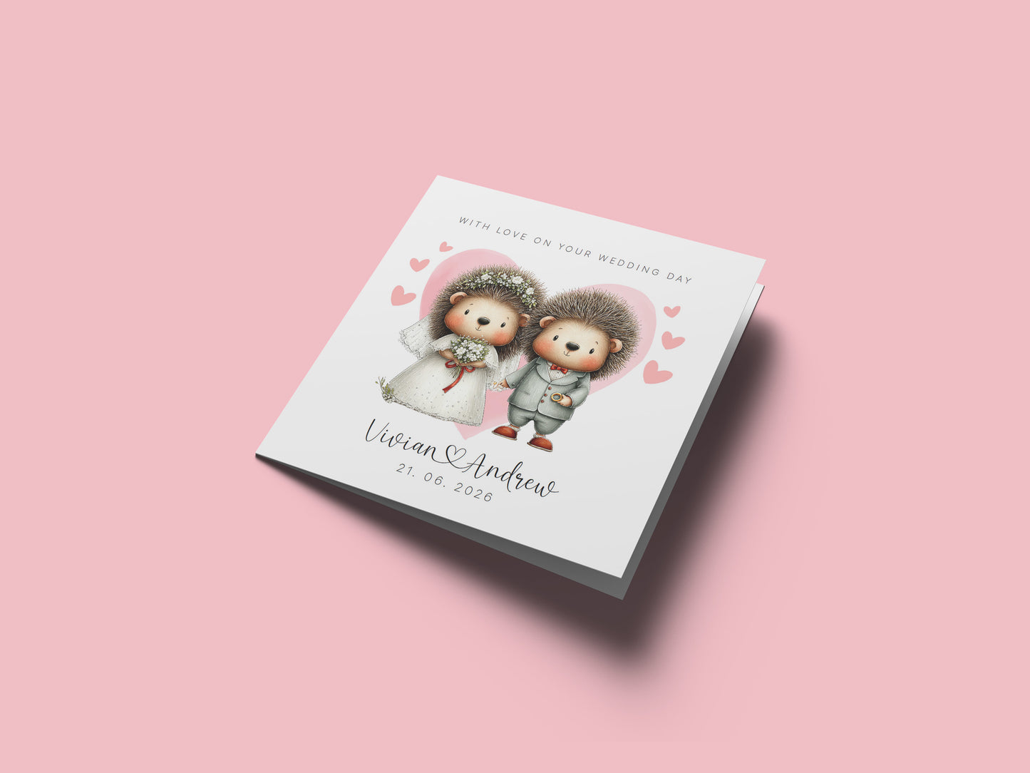 Personalised Wedding Card with Custom Couple's Names & Wedding Date – Cute Hedgehog Design - Wedding Congratulations Card for Newlywed couples, Animal Lovers, Him or Her - Pink Envelope Included