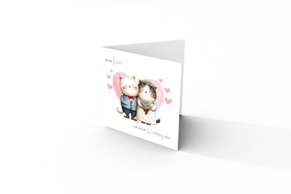 Cute Cat Wedding Card – Wedding Congratulations Card – Adorable Animal Wedding Card – Romantic Wedding Day Card for Newlywed couples, Cat Lovers, Him or Her – Pink Envelope Included