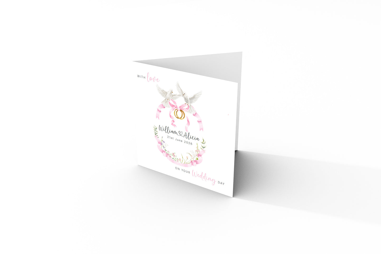 Personalised Wedding Card for Bride & Groom with Custom Names & Date -  Romantic Dove & Rings Design - Wedding Greeting Keepsake Card for Him or Her - Pink Envelope Included