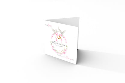 Personalised Wedding Card for Bride & Groom with Custom Names & Date -  Romantic Dove & Rings Design - Wedding Greeting Keepsake Card for Him or Her - Pink Envelope Included