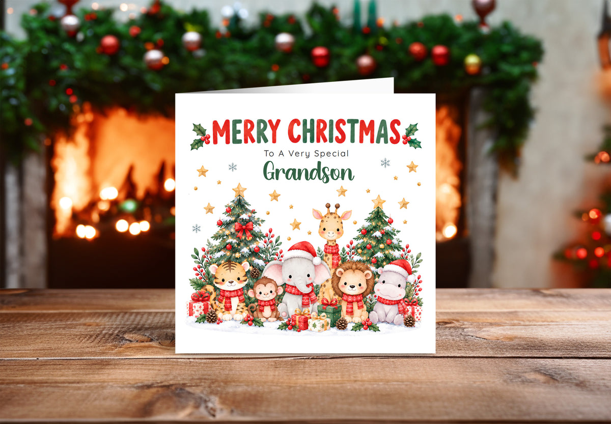 Jungle Animals Christmas Card for Grandson - Cute Safari Animals Design