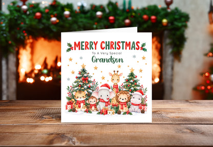 Jungle Animals Christmas Card for Grandson - Cute Safari Animals Design