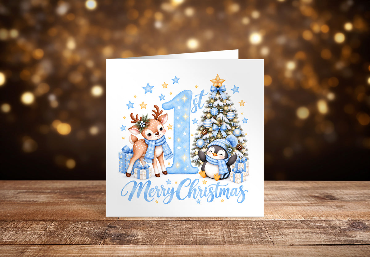 Baby Boy's 1st Christmas Card – Reindeer & Penguin Christmas Card