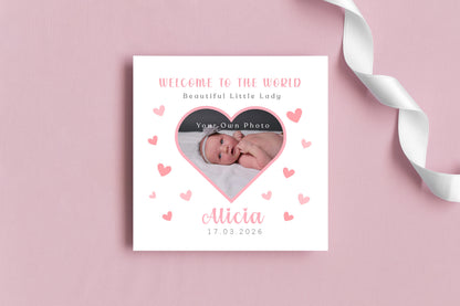 Personalised Phoro New Baby Girl Card Congratulations for Newborn Daughter, Granddaughter, Niece - Welcome To The World Card with Heart Frame Design - Custom Photo, Name & Date with Pink Envelope