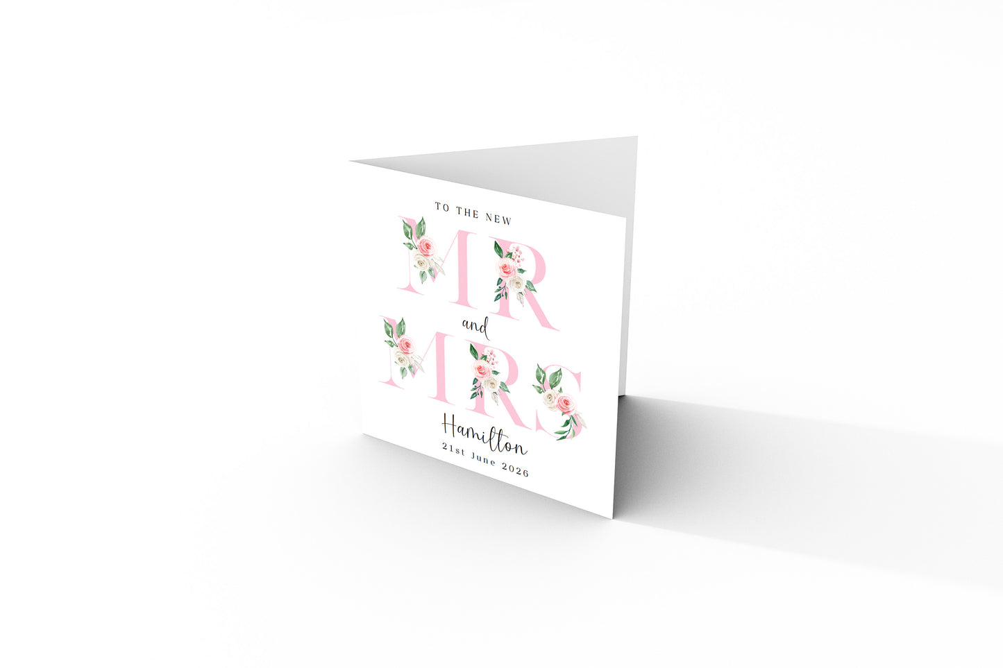 Personalised Mr & Mrs Wedding Card – Custom Surname & Wedding Date – Floral Alphabets/Letters Design - Wedding Congratulations Keepsake Card for Newlywed couples, Him or Her - Pink Envelope Included