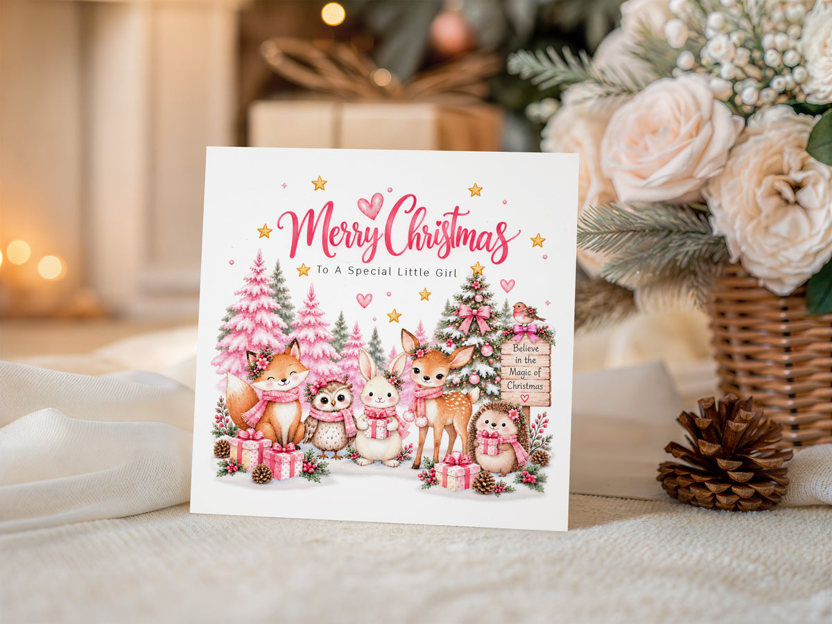 Pink Forest Christmas Card for Girls – Cute Christmas Woodland Animals
