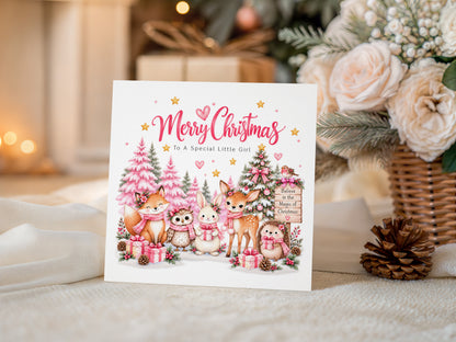 Pink Forest Christmas Card for Girls – Cute Christmas Woodland Animals