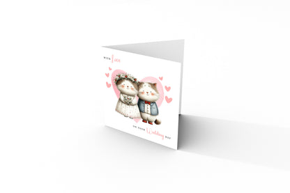 Cute Cat Wedding Card – Wedding Congratulations Card – Adorable Animal Wedding Card – Romantic Wedding Day Card for Newlywed couples, Animal Lovers, Him or Her – Pink Envelope Included