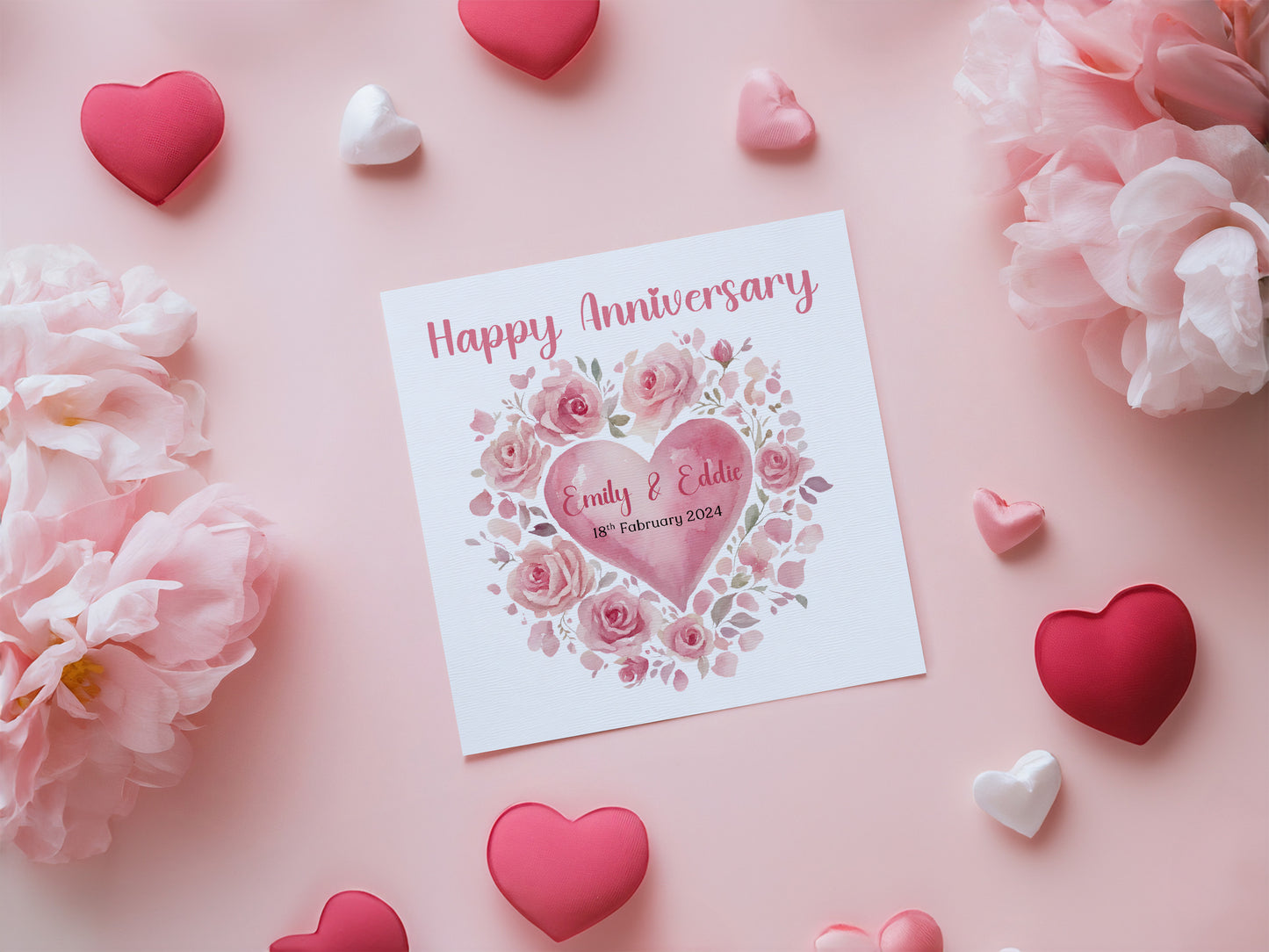 Personalized Anniversary Card – Romantic Floral Heart Design with Customised Names and Date– for Couples, Husband, Wife, Relationship, Engagement, 1st Date – Pink Envelope Included