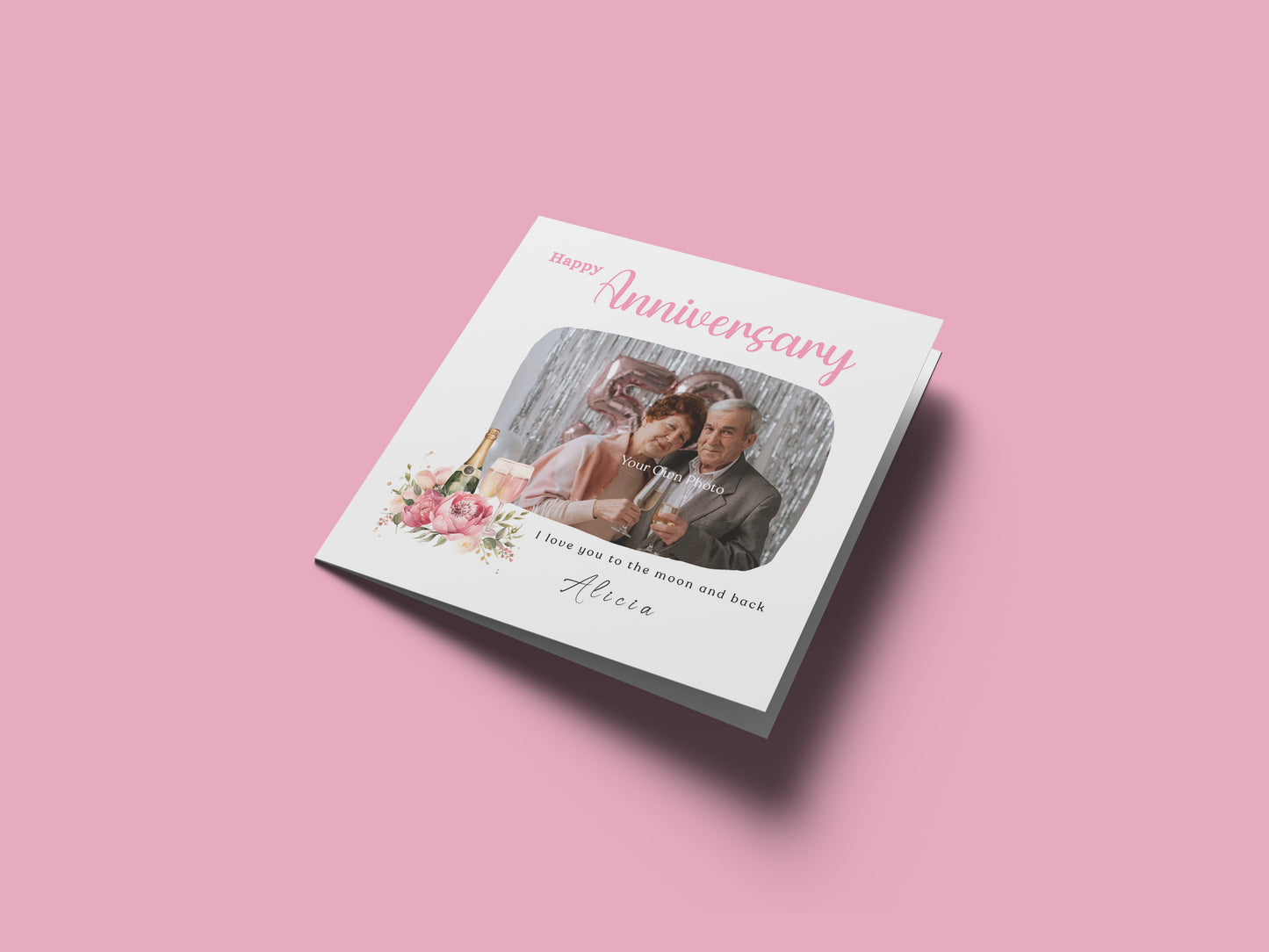 Personalised Photo Anniversary Card - Elegant Floral and Champagne Design - Custom Message, Name & Photo for Wedding, Relationship, Him, Her, Wife, Husband, Partner, Couple - Pink Envelope Included