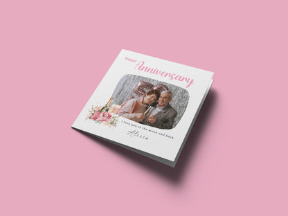 Personalised Photo Anniversary Card - Elegant Floral and Champagne Design - Custom Message, Name & Photo for Wedding, Relationship, Him, Her, Wife, Husband, Partner, Couple - Pink Envelope Included