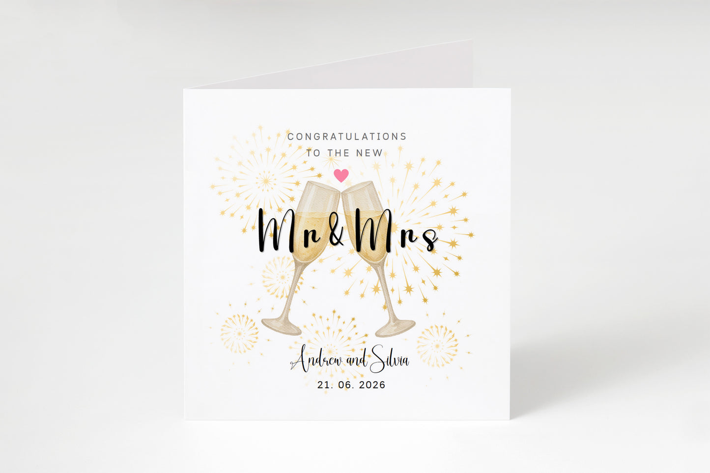 Personalised Mr & Mrs Wedding Card with Custom Couple's Name & Wedding Date – Champagne Toast Design - Wedding Congratulations Card for Newlywed couples, Him or Her - Kraft Envelope Included