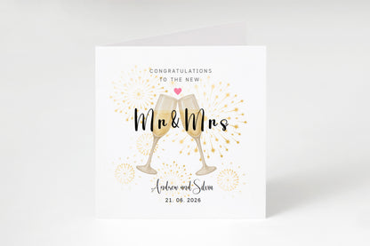 Personalised Mr & Mrs Wedding Card with Custom Couple's Name & Wedding Date – Champagne Toast Design - Wedding Congratulations Card for Newlywed couples, Him or Her - Kraft Envelope Included