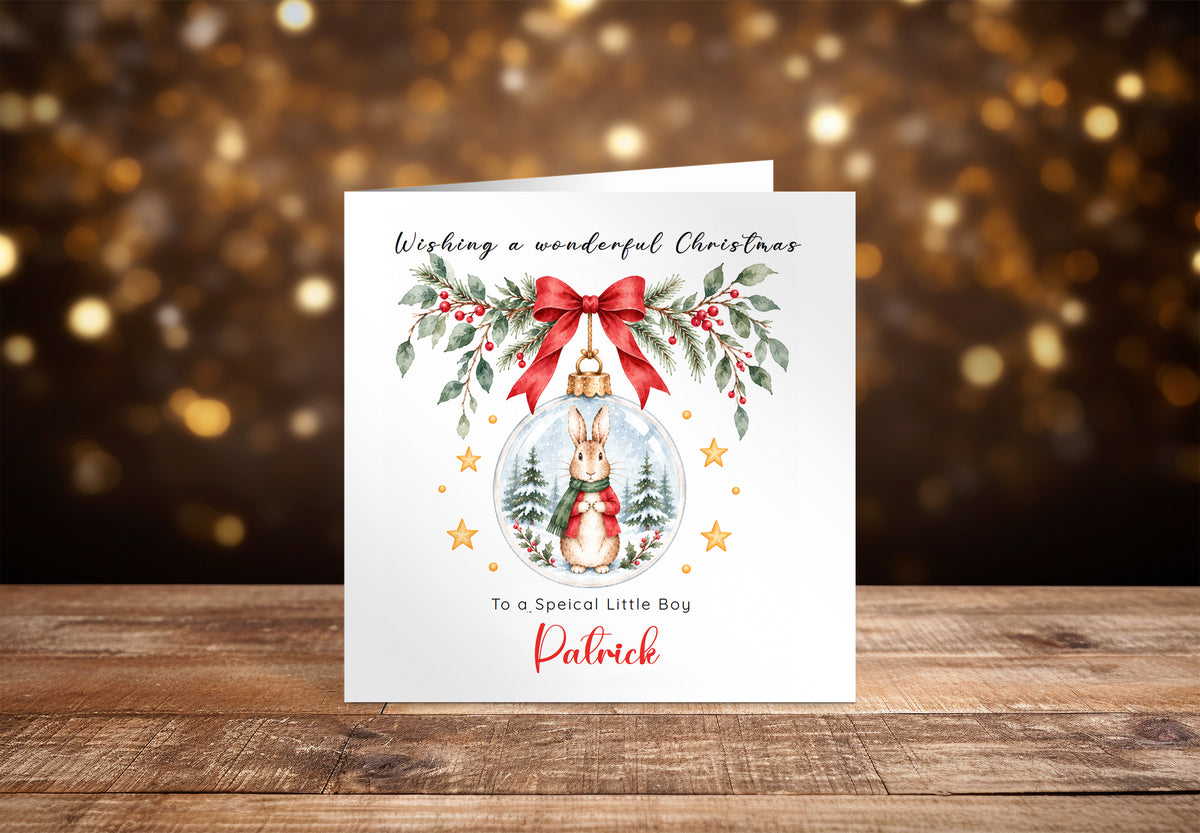 Personalised Christmas card for Boys – Red Bunny in a Christmas Bauble